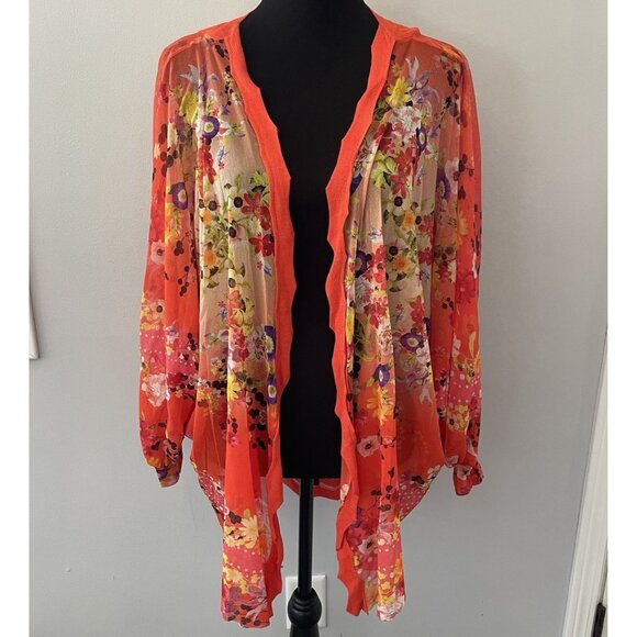 Y2K Fuzzi Oversized Small Cardigan Jean Paul Gaultier Mesh Floral Top Orange - Picture 1 of 8
